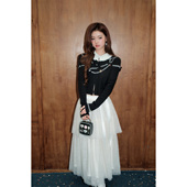 OLIVIA 现货 DUO珠链提花钉珠上衣2026春荷叶领拼接羊毛针织衫