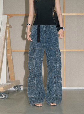 OLIVIA DUO多口袋阔腿牛仔工装裤蓝色时尚潮流百搭直筒裤