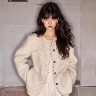 百搭千金风上衣 法式 OLIVIA DUO羊毛浅灰小香外套2025冬季