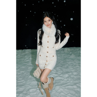 麻花针织衫 OLIVIA 新款 2025冬季 半身裙两件套 DUO毛领金扣绞花套装