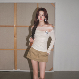 DUO网纱针织上衣韩系设计感纯欲一字肩拼接打底衫 OLIVIA 现货