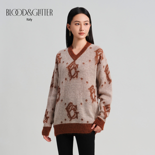 blood&glitter璞德格骊秋冬马海毛羊毛软糯时尚宽松V领针织衫