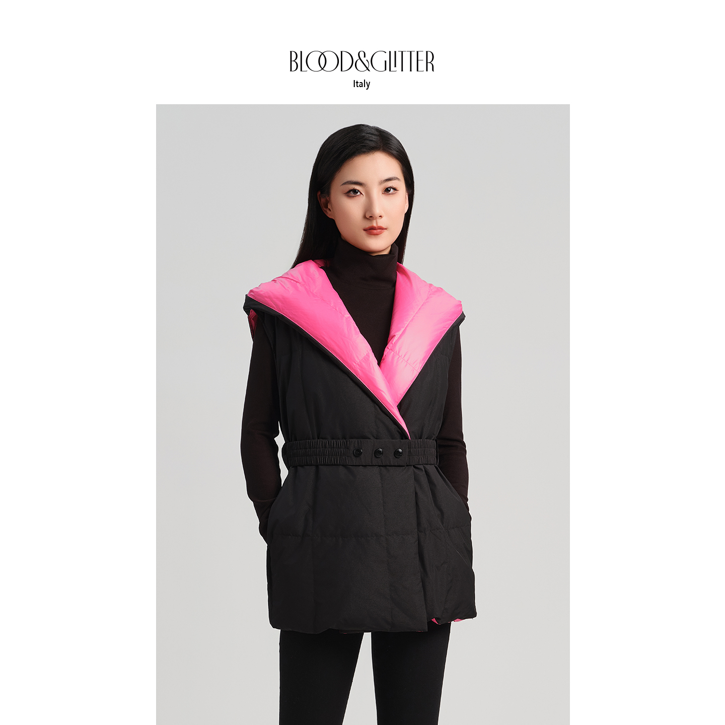 加厚短款双面两穿无袖连帽羽绒服