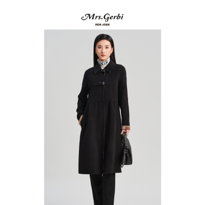 羊毛桑蚕丝黑丝中长款毛呢大衣