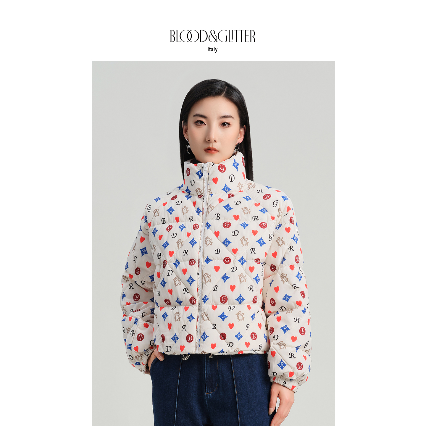 老花立领短款加厚轻奢鹅绒羽绒服