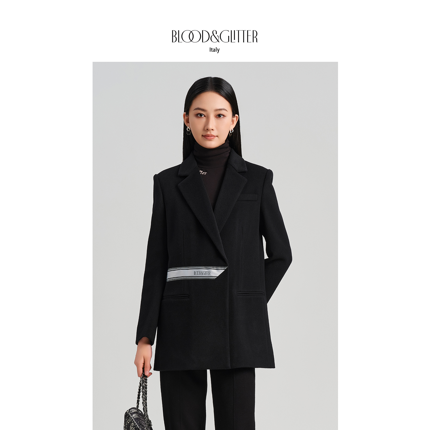 羊毛休闲气质织带拼接收腰西装