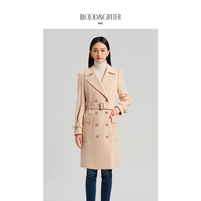 羊毛泡泡袖修身中长款毛呢大衣