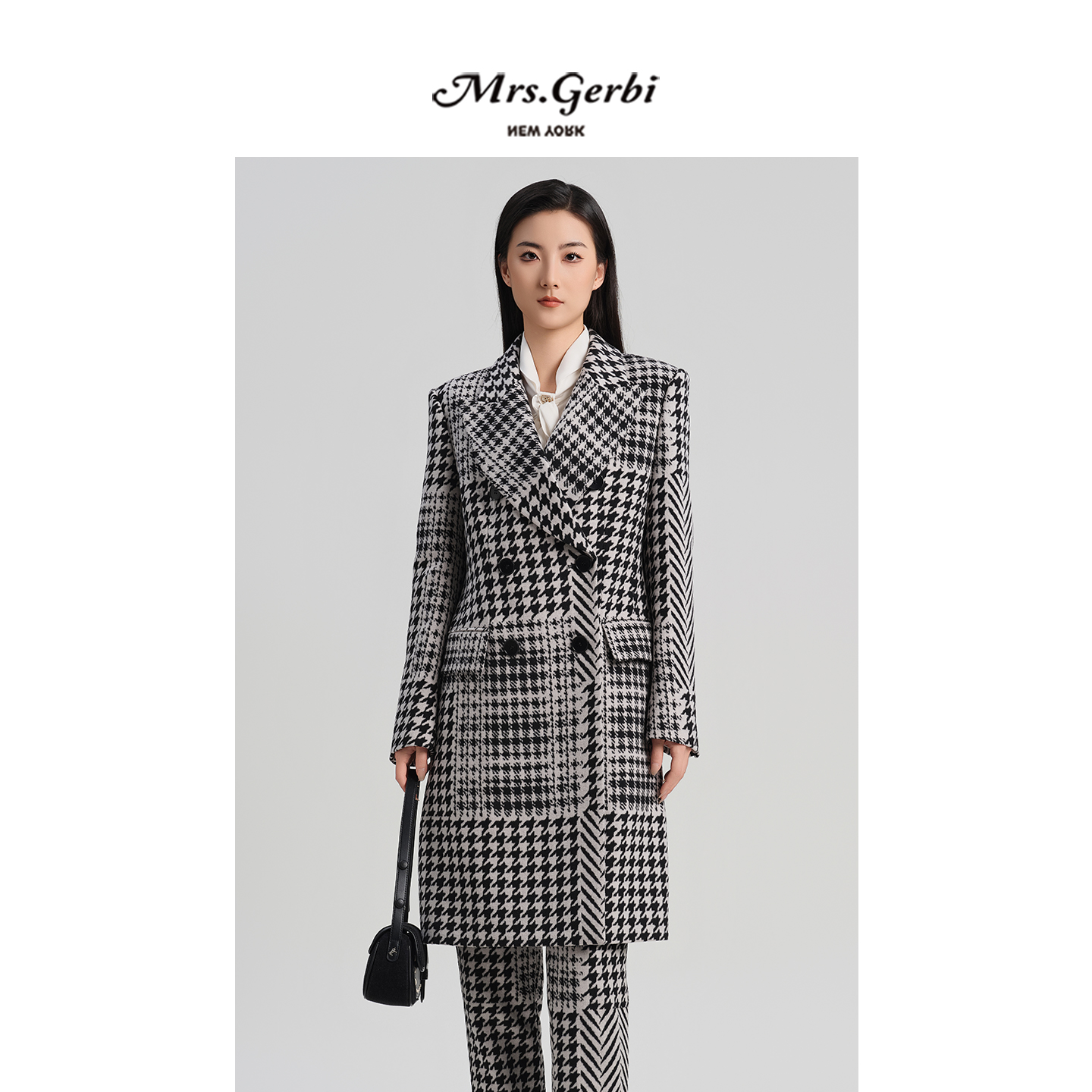 羊毛复古千鸟格中长款毛呢大衣