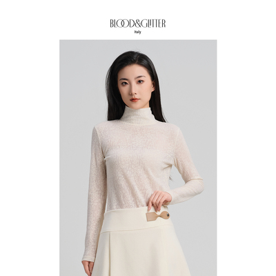 羊毛混纺蕾丝高领修身气质针织衫