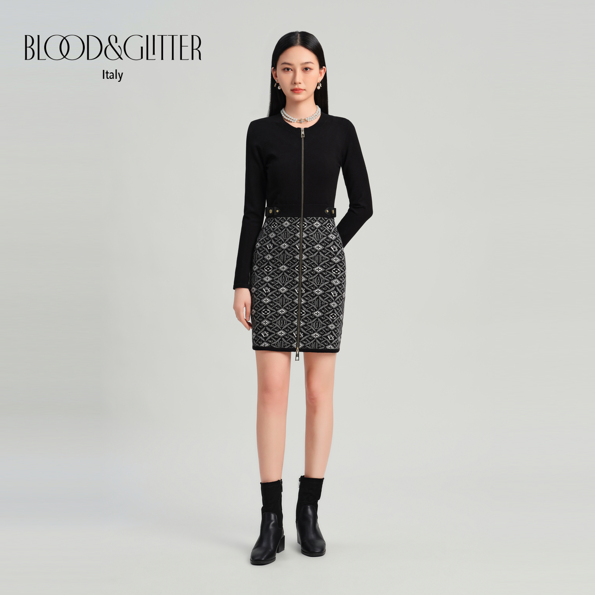 老花提花连衣裙弹力修身