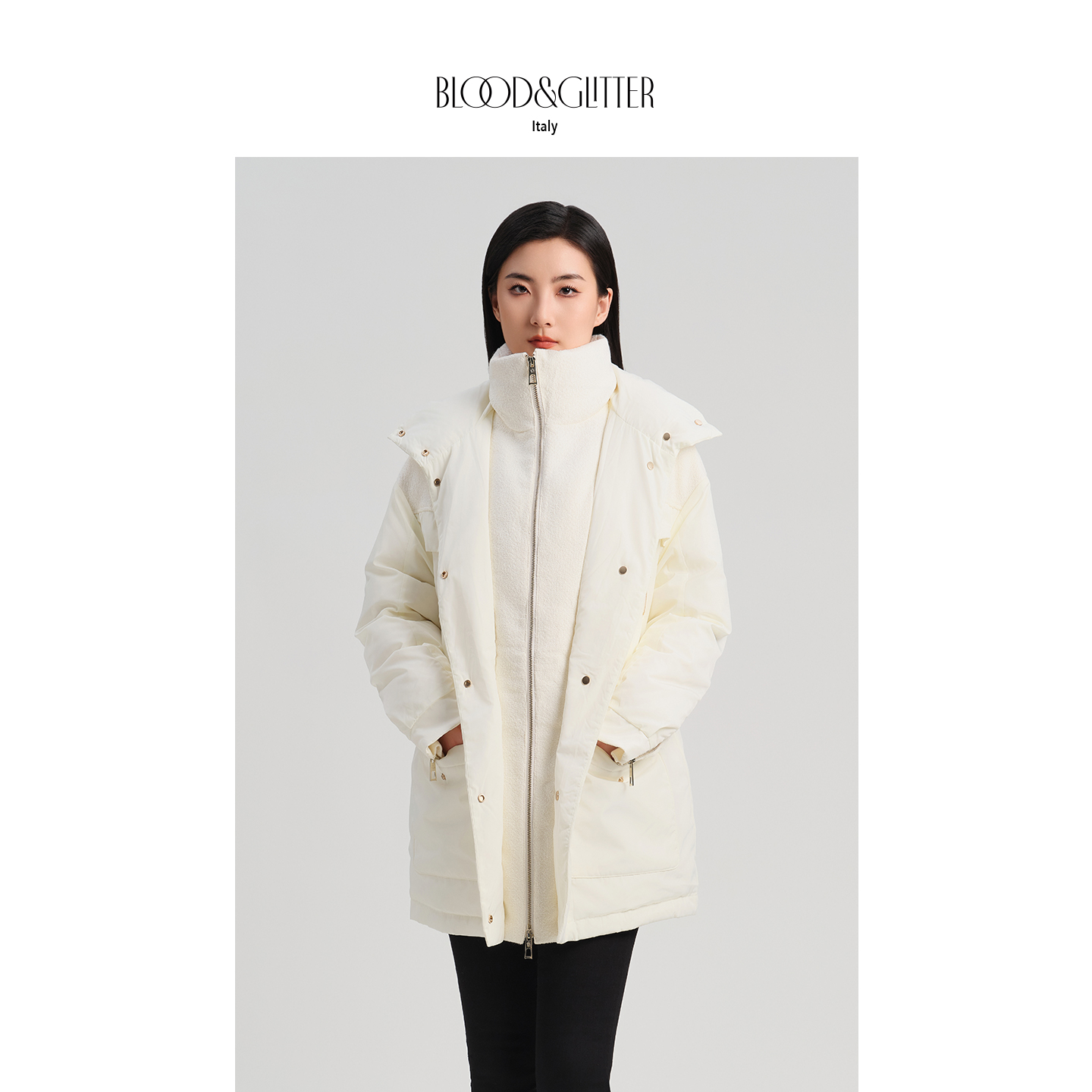 宽松立领白色中长款鹅绒羽绒服