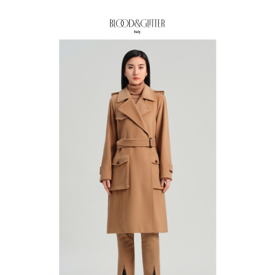 羊毛收腰附腰带中长款毛呢大衣