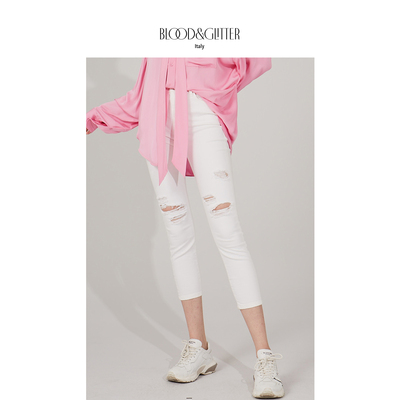 白色破洞时尚修身休闲七分牛仔裤