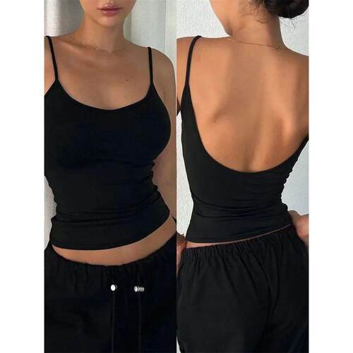 Women Backless Cami Crop Top Summer Solid Color Casual