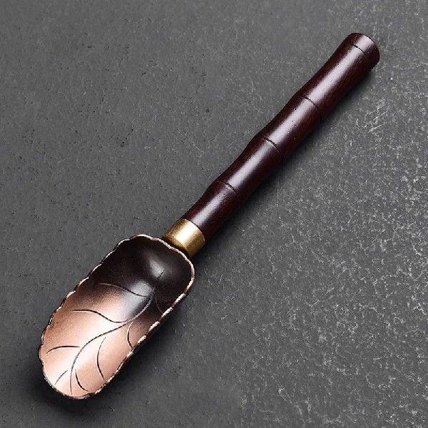 Solid Wood Long Handle Tea Shovel Retro Metal Teaspoon