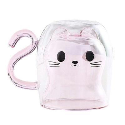 Cute Pink Cat Double Walled Insulated Glass Mug With Cat
