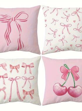 Pink bow cherry pattern printed pillowcase, soft and comfort