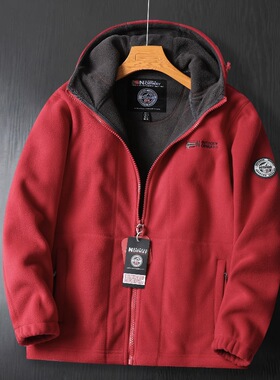 出口挪威 抗寒保暖 加厚双层摇粒绒冬季大码男士加绒连帽抓绒衣