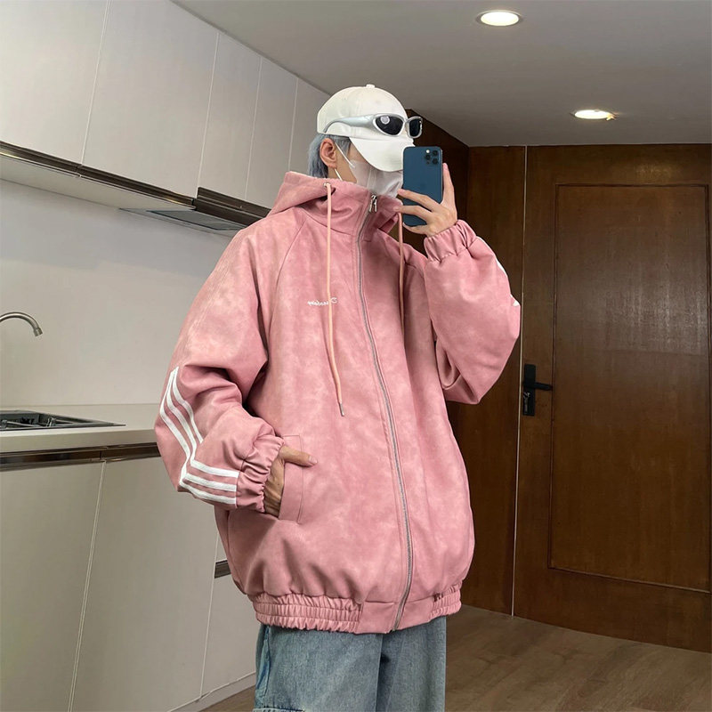 cleanfit粉色皮衣外套男秋冬美式三条杠夹克棒球服加厚防水机车服