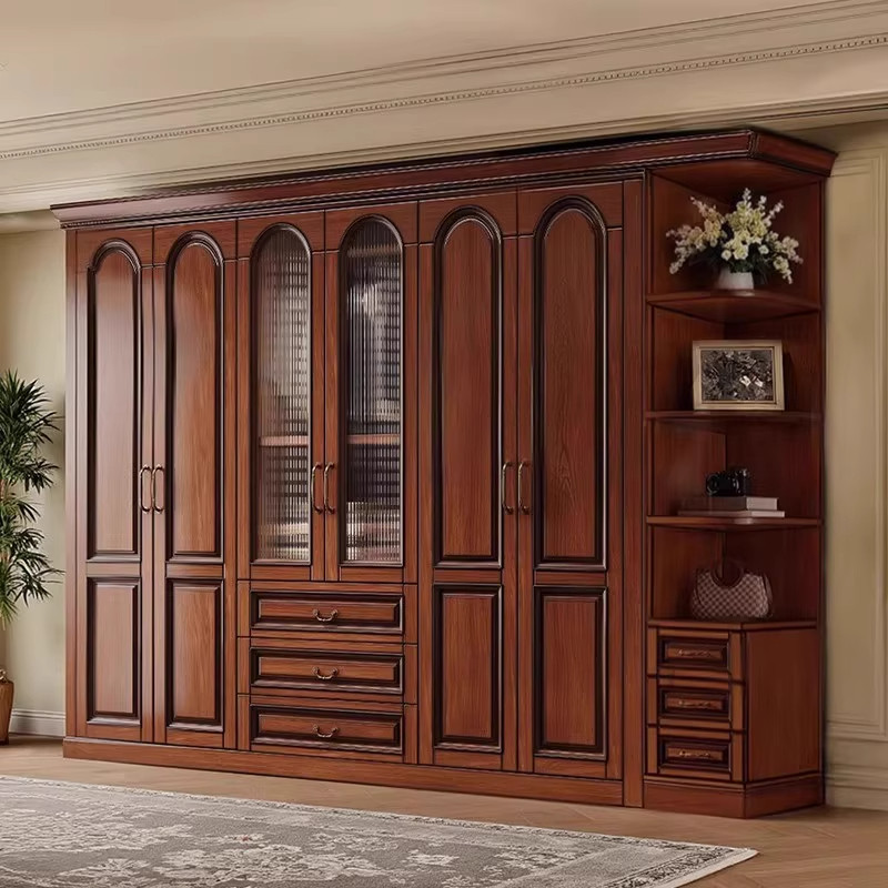 美式复古实木衣柜卧室家用3456柜子2025新款轻奢玻璃门组合大衣橱