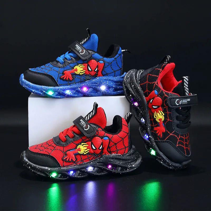 LED Casual Sneakers Red Black For Spring Boys Spiderman Mesh
