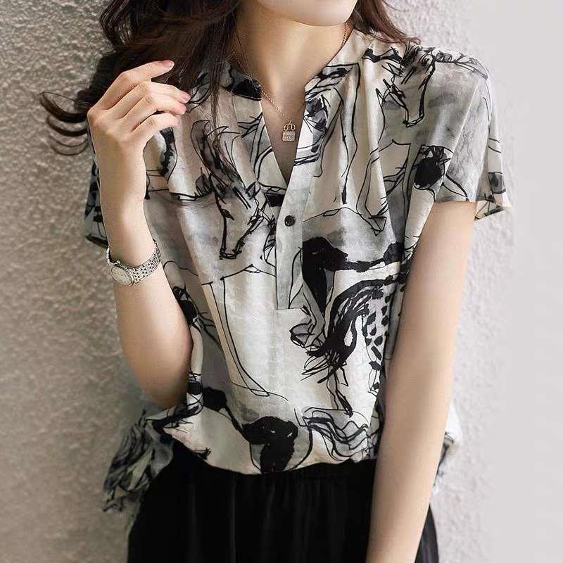 Spring and Summer New Short-sleeved Satin Ink Collar Shirt f
