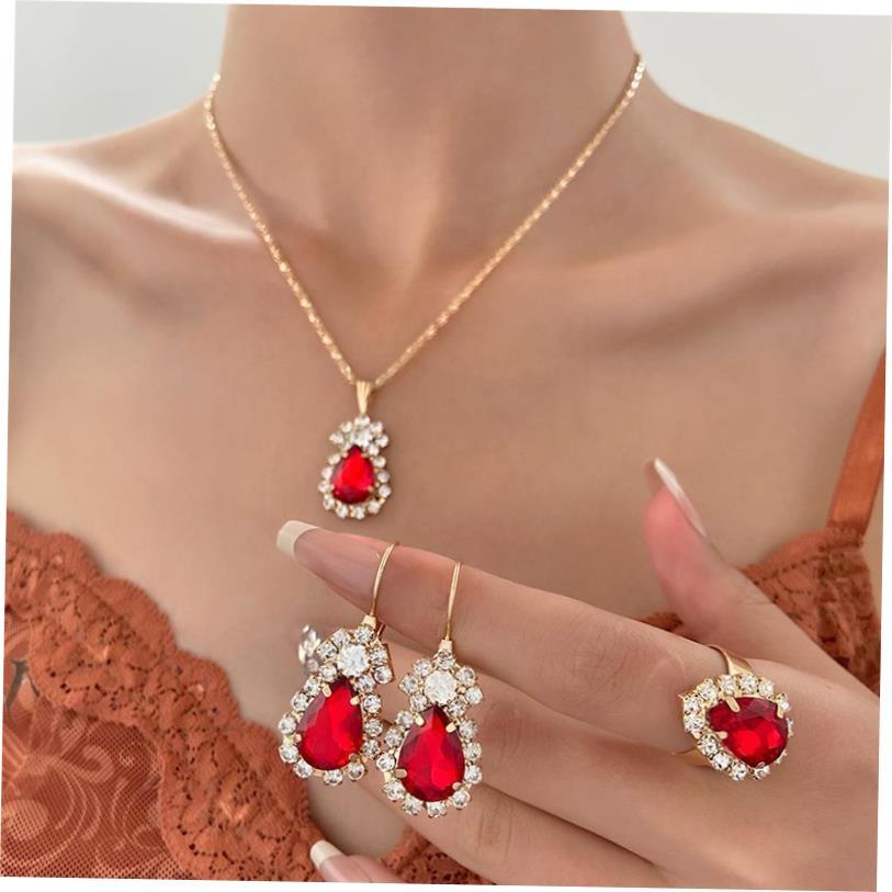 women necklace earrings jewelry set rhinestone ring bridal