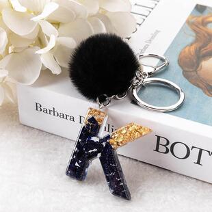 1Pc Black Pompom Letter Keychain English Alphabet Keyring G