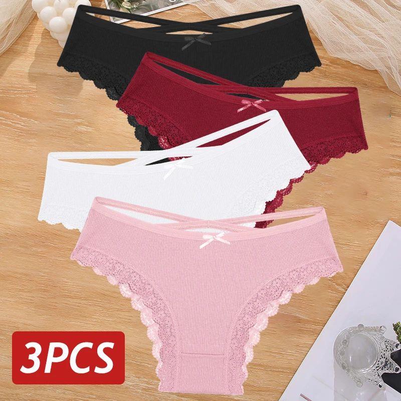 3PCS/Set Women Cotton Panties Sexy Low Rise Lace Brazilian P