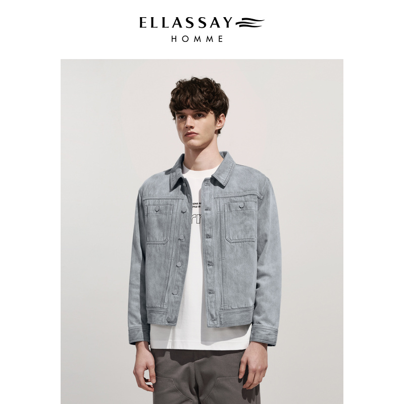 ELLASSAY歌力思男装新款灰色盐浸水洗短款牛仔外套男EME341T05000