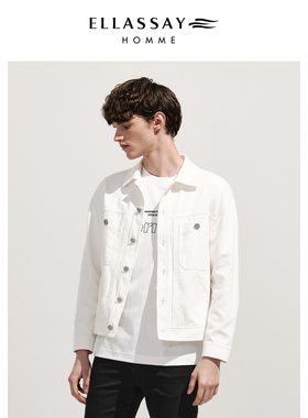 ELLASSAY歌力思男装100%棉斜纹牛仔休闲白色夹克外套EME341T04500
