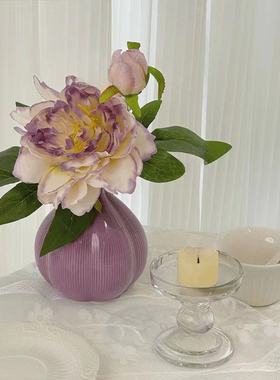 紫色牡丹仿真花装饰陶瓷花瓶摆件