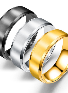 欧美简约戒指不锈钢光面哑光8MM双斜边空白激光刻字钛钢品