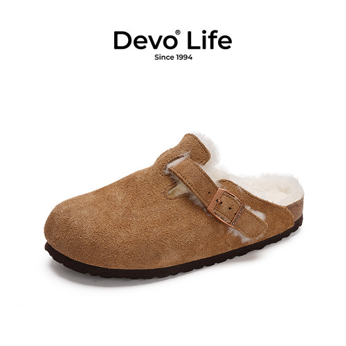Devo软木秋冬女加绒包头半拖