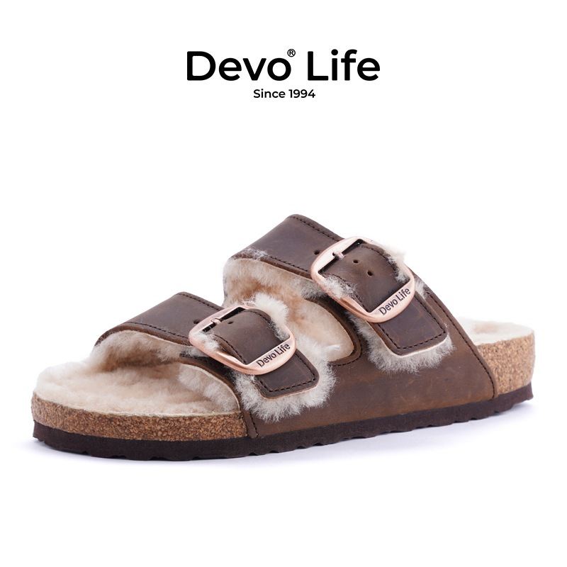 Devo/的沃软木拖鞋女加绒加毛冬季室内外穿毛毛拖鞋一字棉拖23009