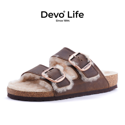 Devo/的沃软木拖鞋女加绒加毛冬季室内外穿毛毛拖鞋一字棉拖23009
