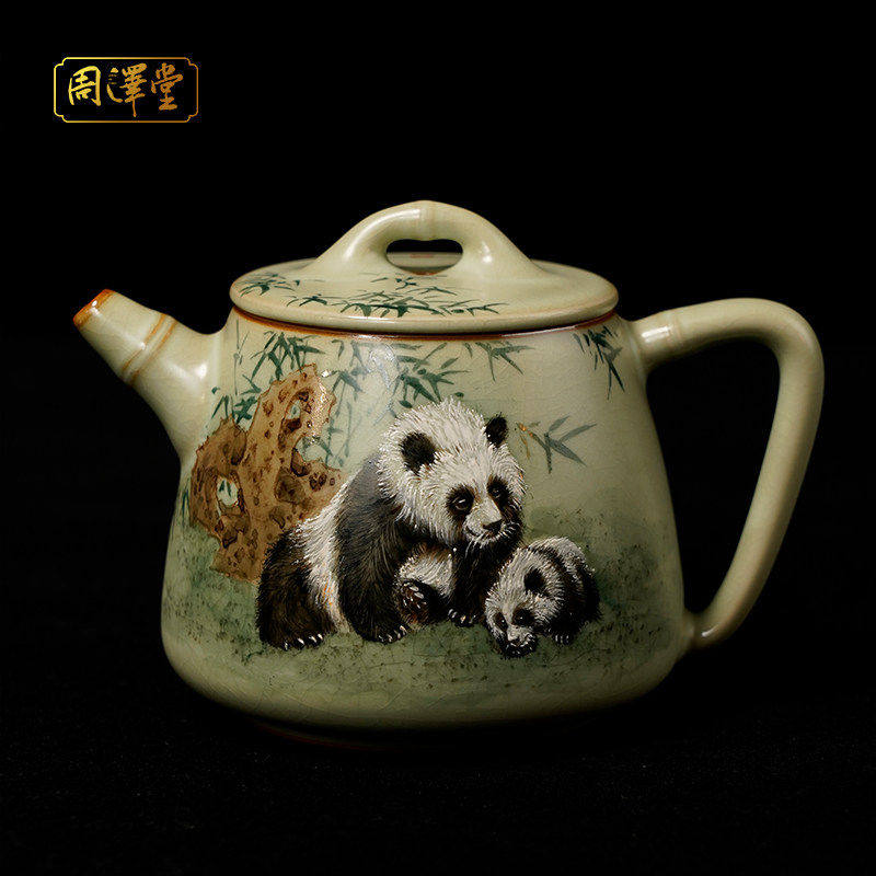 汝瓷手绘竹节石瓢壶手工汝窑茶壶陶瓷可收藏省工大师定制款熊猫图,餐饮具,茶壶,淘宝优惠券,粉丝福利购,淘宝优惠卷