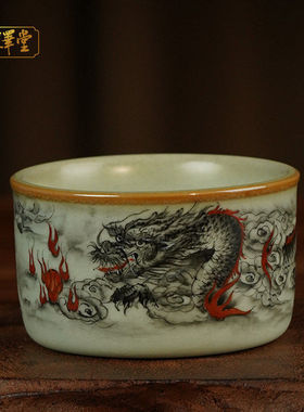 汝瓷手绘厚胎主人杯墨龙汝窑开片手工绘画可收藏省工大师定制茶杯