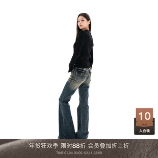 LOUZING2025新款小个子深蓝色微喇牛仔裤大码女胖mm显瘦加绒裤子