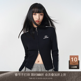 LOUZING黑色紧身双拉链外套女2026新款春天辣妹条纹针织开衫毛衣