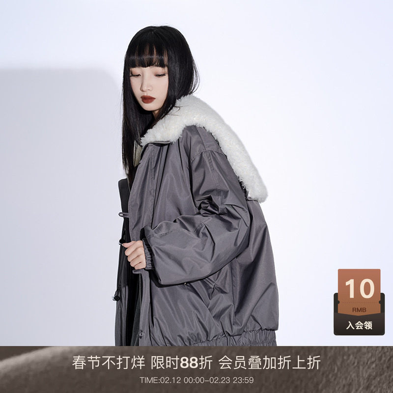 LOUZING美式夹克外套女2025新款冬季防风棒球服大毛领连帽羽绒服