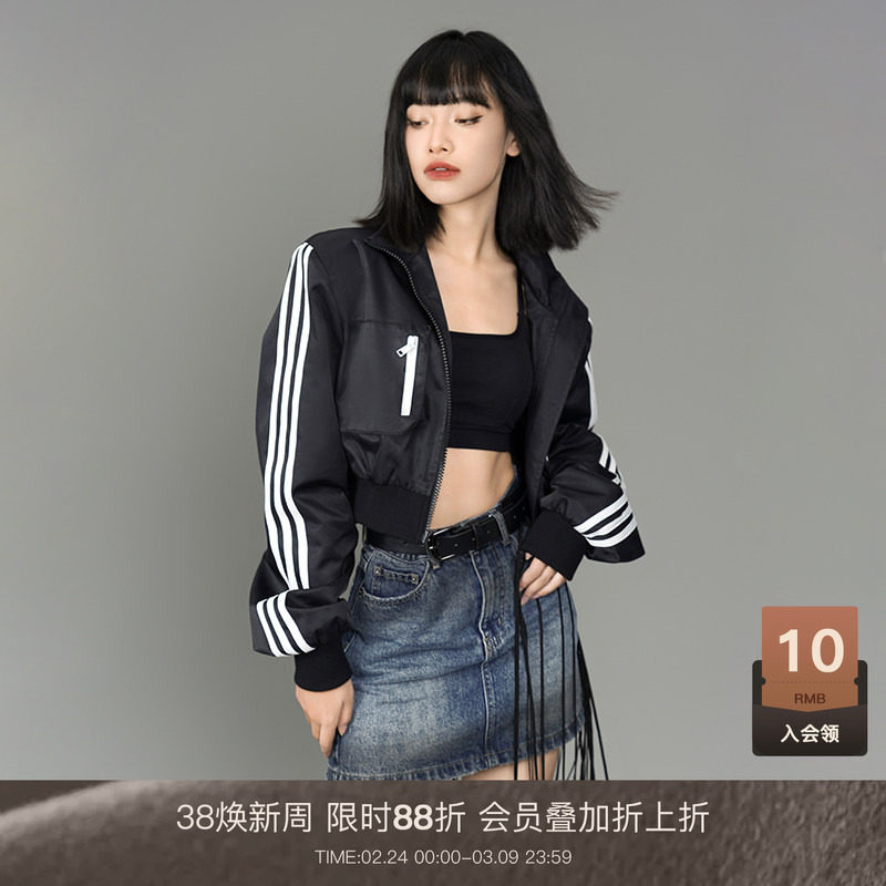 LOUZING美式棒球服外套女2026春款三条杠黑色短款休闲运动夹克潮