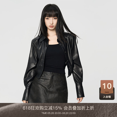 LOU&ZING短款褶皱皮衣外套