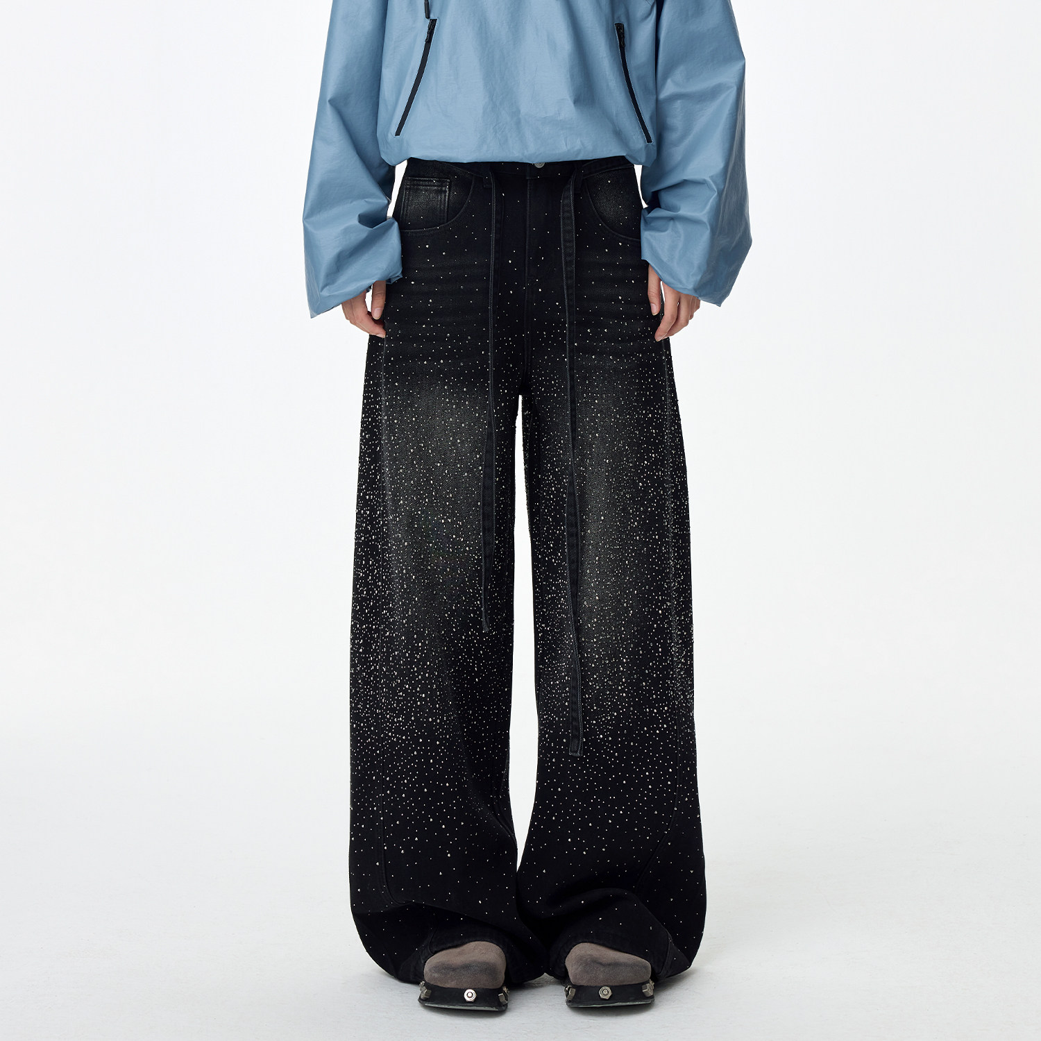 LOUZING弯刀烫钻满天星牛仔裤超帅弯刀裤宽松慵懒风黑色阔腿裤,女装/女士精品,牛仔裤,淘宝优惠券,粉丝福利购,淘宝优惠卷