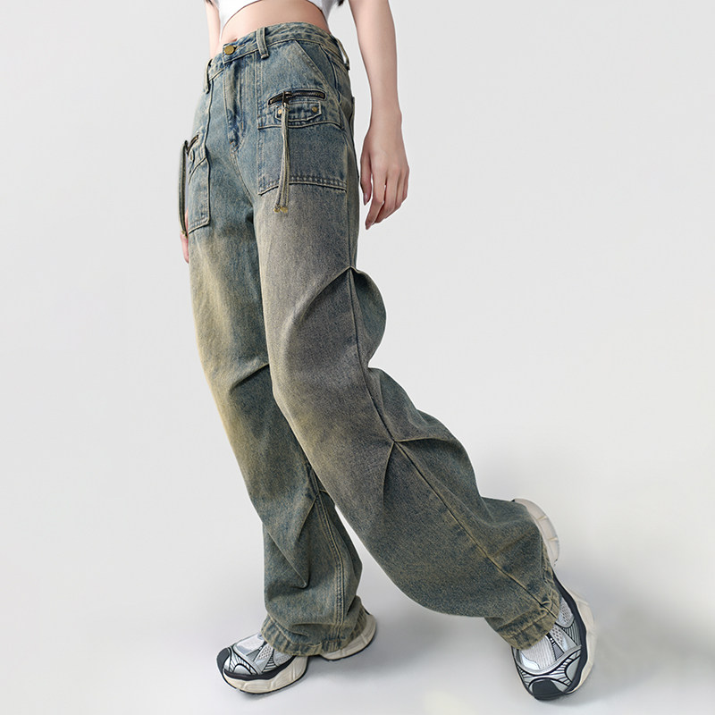 LOUZING复古水洗美式牛仔裤女高个子重工窄版直筒裤加长工装裤子