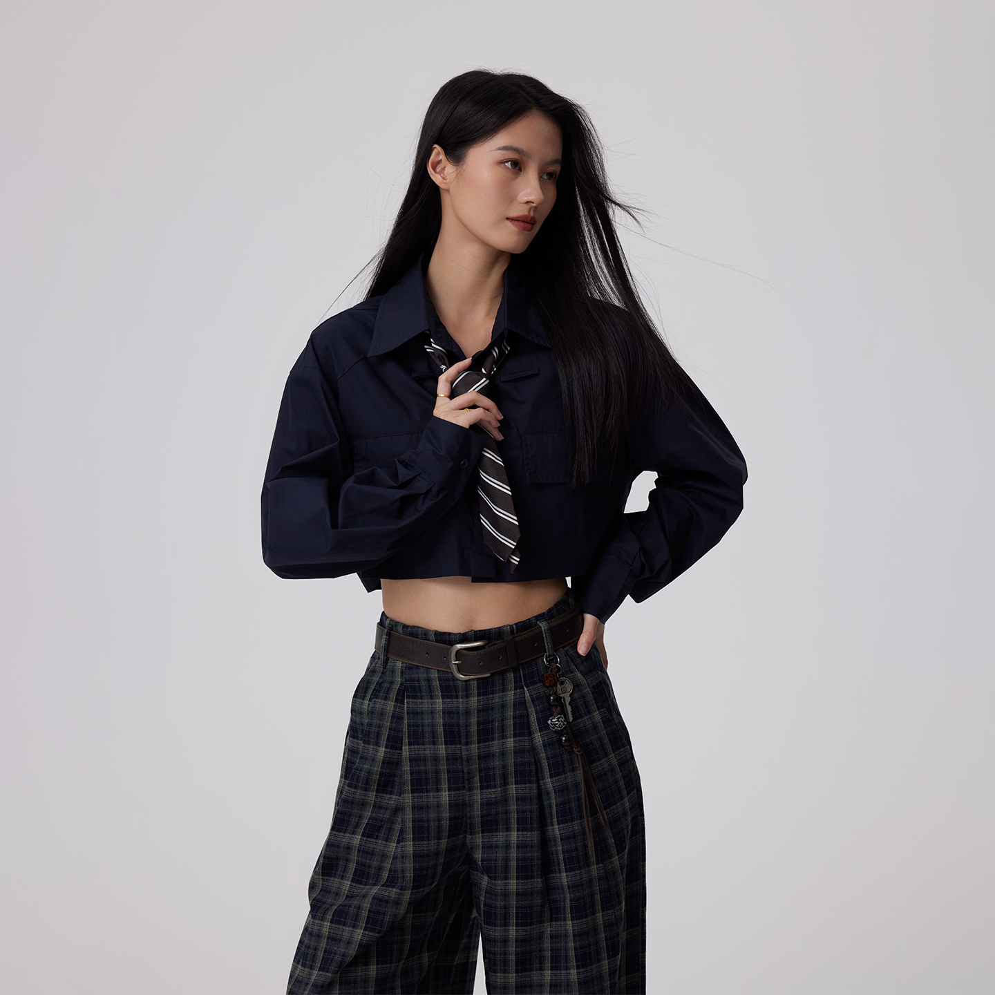 露脐短款长袖衬衣女2025春