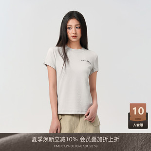 LOUZING极简卷边圆领T恤女2025夏季 上衣潮 新款 设计感小众字母短袖