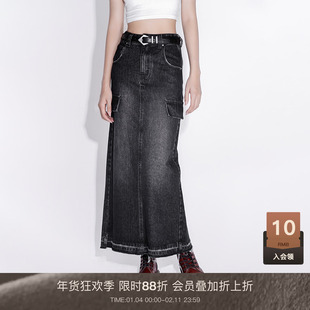 LOUZING高腰做旧黑色牛仔半身裙女2025秋冬款后开叉中长款直筒裙