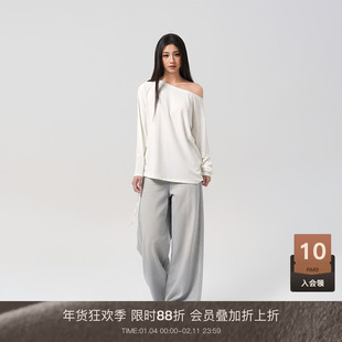 LOUZING斜肩t恤女宽松韩版慵懒风2025新款韩版薄款显瘦遮肉上衣潮