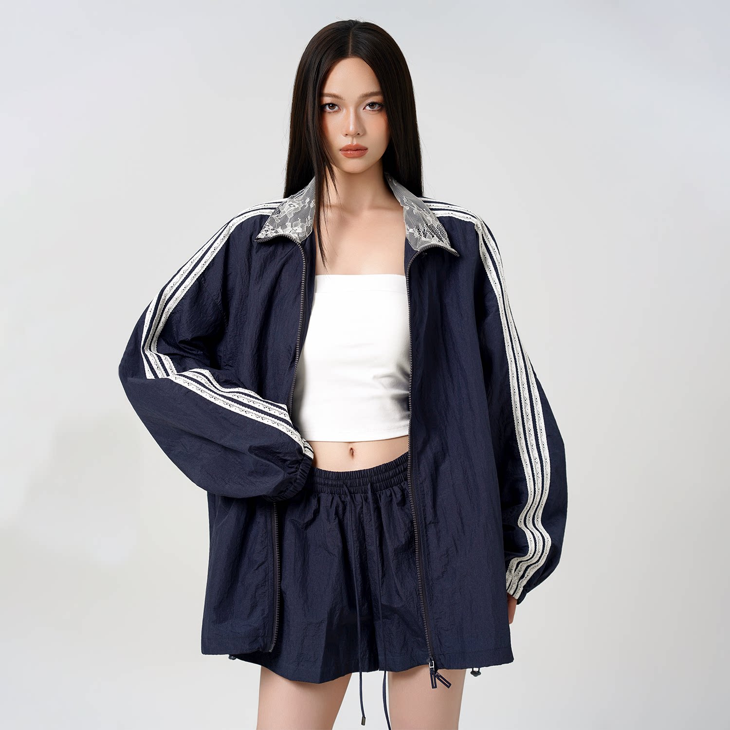 LOUZING蕾丝透气轻薄套装女2026新款夏季宽松休闲外套松紧腰短裤